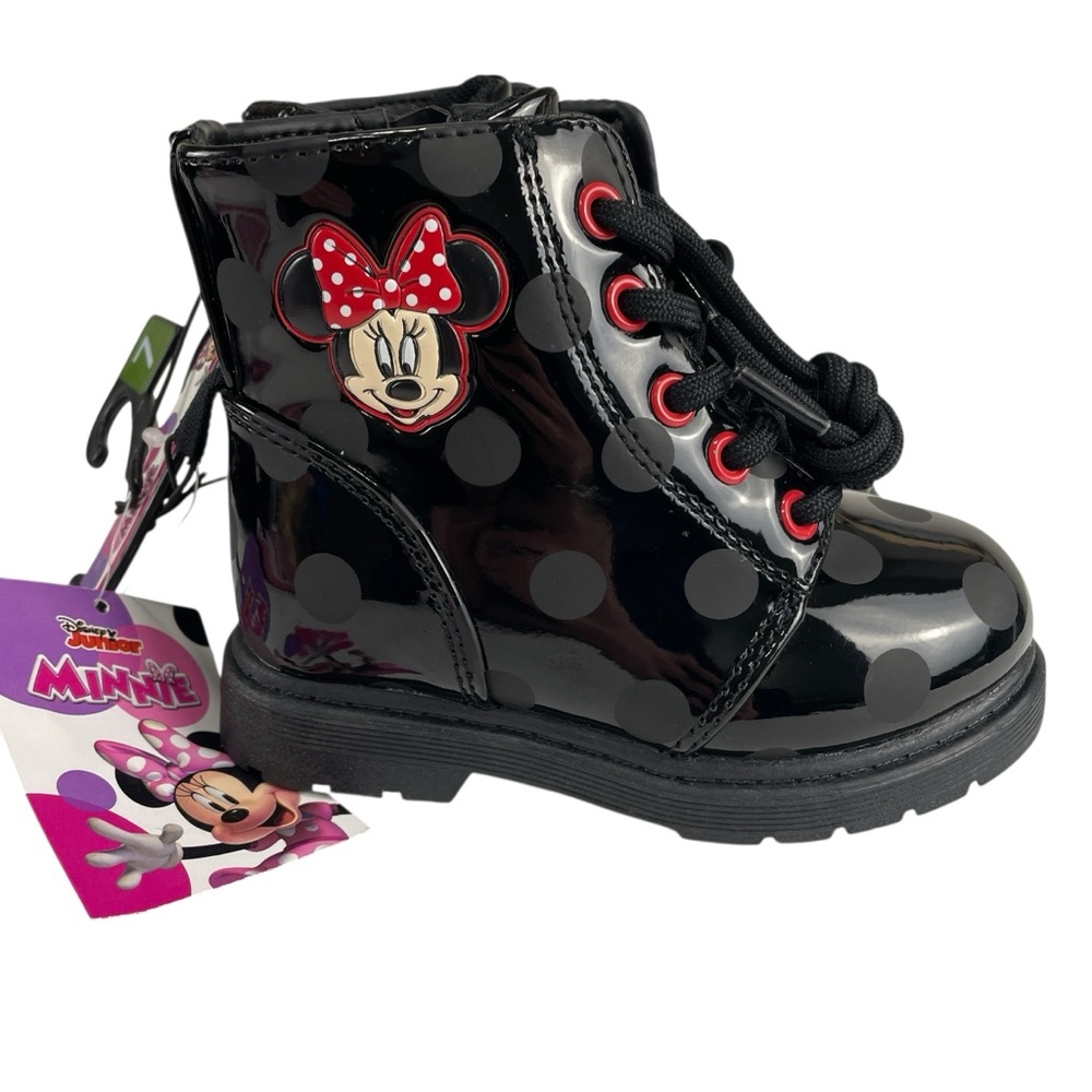 Disney Minnie Mouse Lace Up Patent Black Polka Dot Boots Size 7 NWT